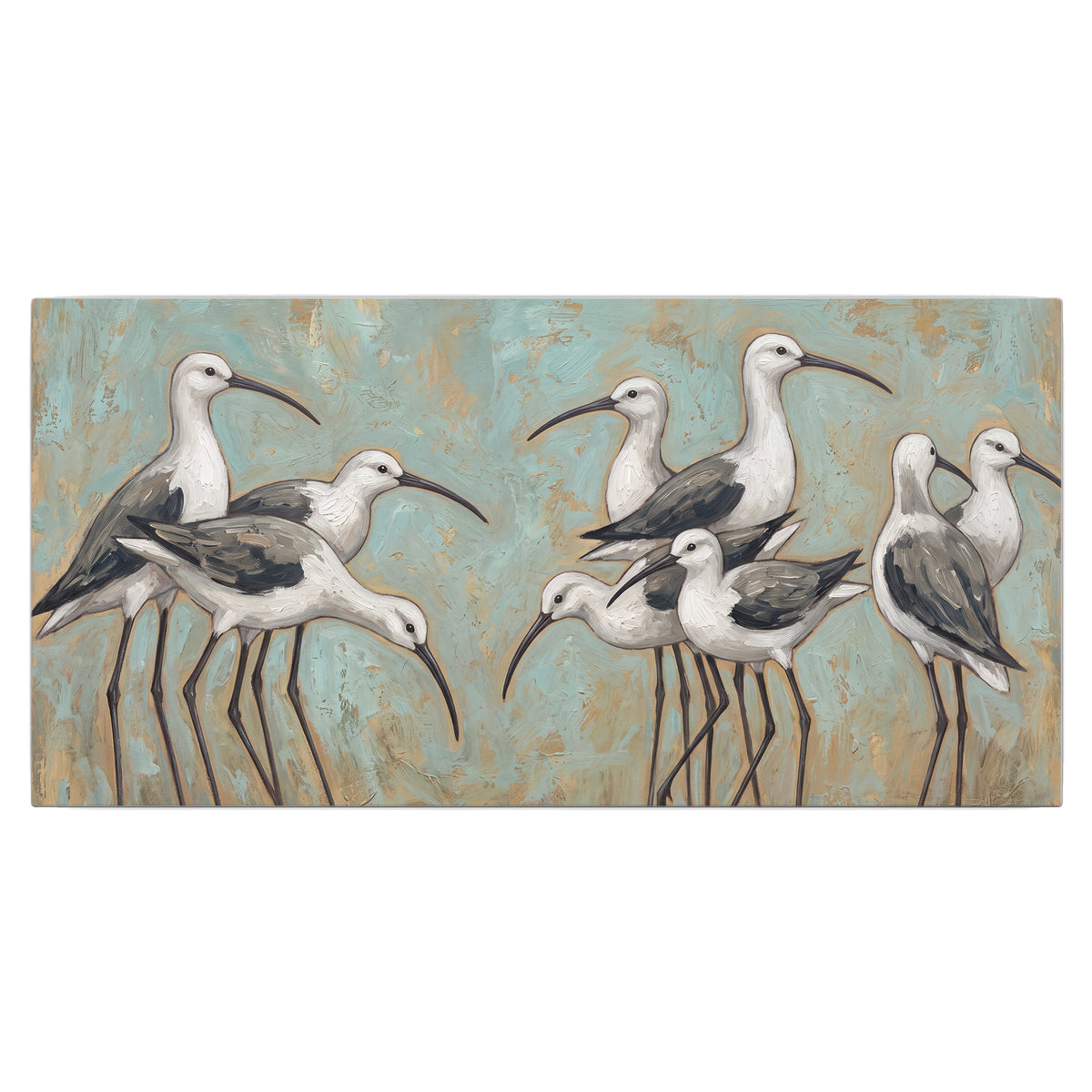 Long-legged white and gray wading birds against a muted aqua background single canvas wall art viewed straight on