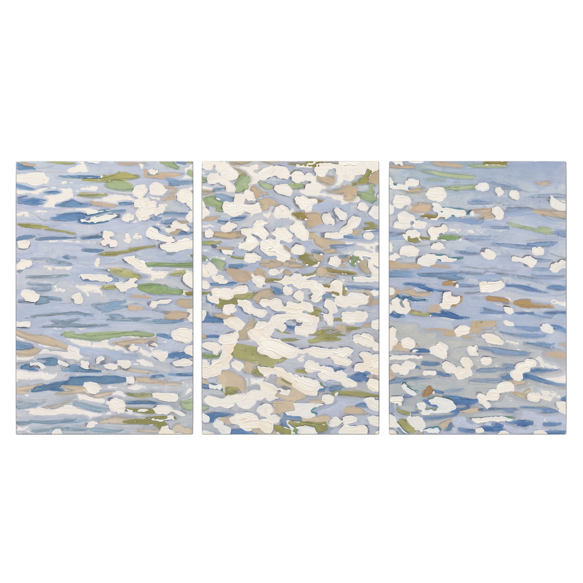Loose pale blue, white and soft green marks suggesting shimmering water 3 piece canvas wall art viewed straight on