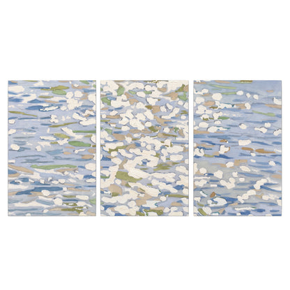 Loose pale blue, white and soft green marks suggesting shimmering water 3 piece canvas wall art viewed straight on