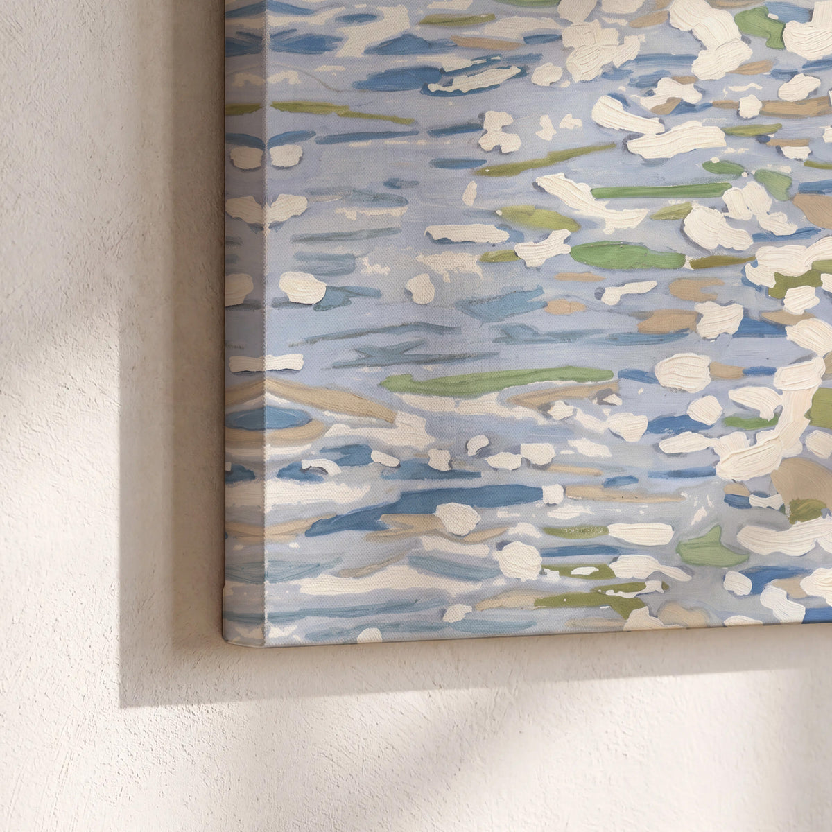 Loose pale blue, white and soft green marks suggesting shimmering water 3 piece canvas wall art material and edge close up