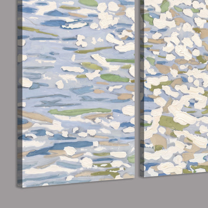 Loose pale blue, white and soft green marks suggesting shimmering water 3 piece canvas wall art room and product view