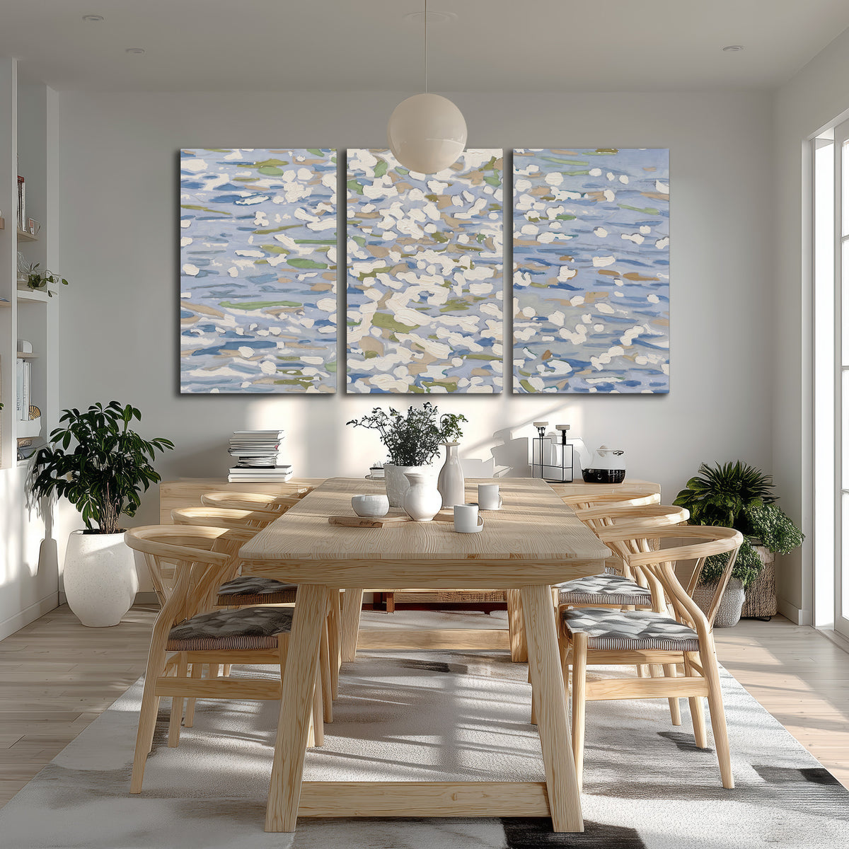 Loose pale blue, white and soft green marks suggesting shimmering water 3 piece canvas wall art room and product view