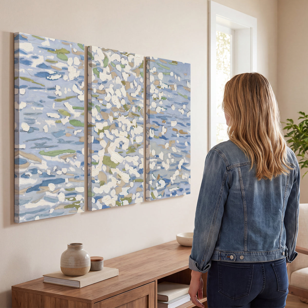 Loose pale blue, white and soft green marks suggesting shimmering water 3 piece canvas wall art three panel arrangement on a wall