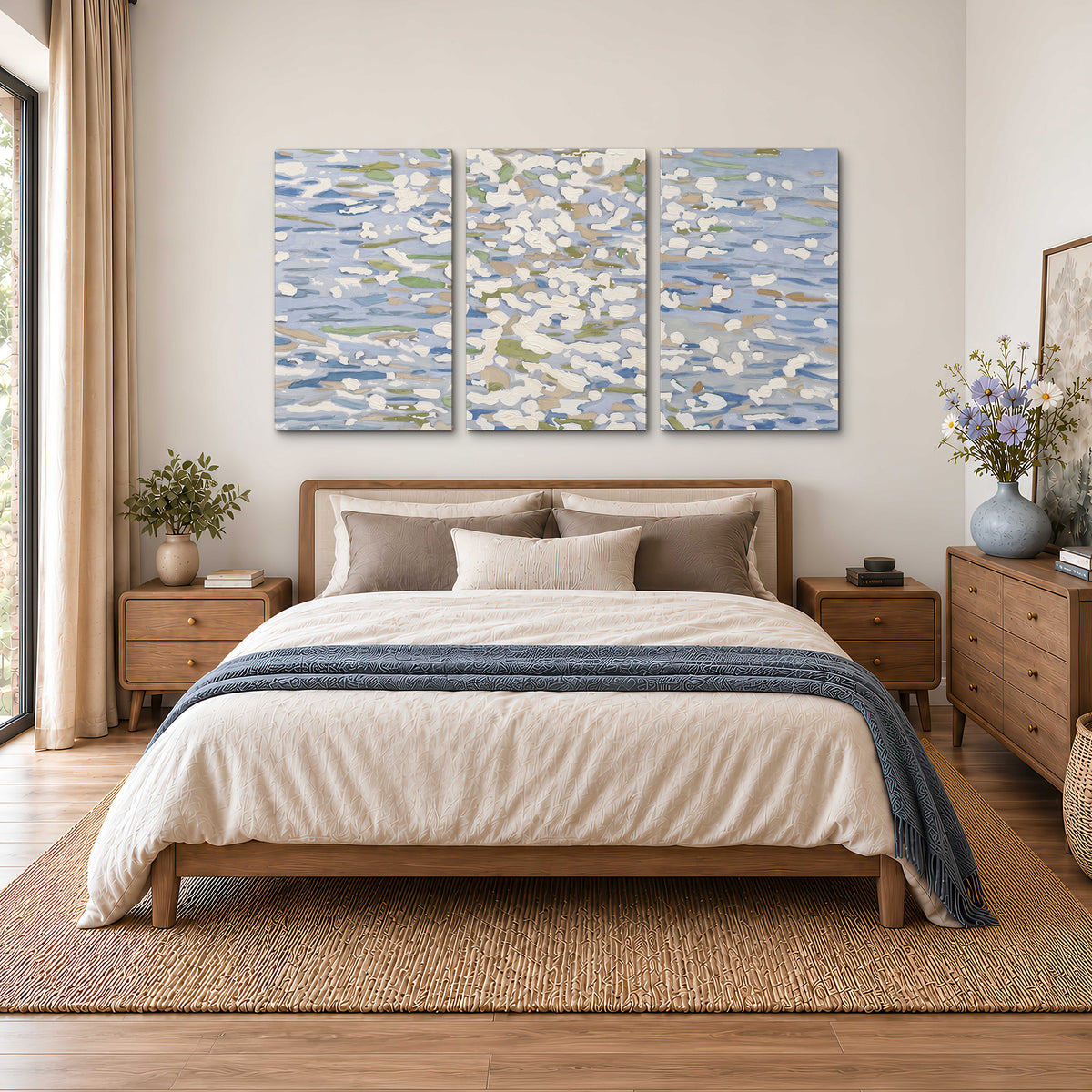 Loose pale blue, white and soft green marks suggesting shimmering water 3 piece canvas wall art styled in an interior