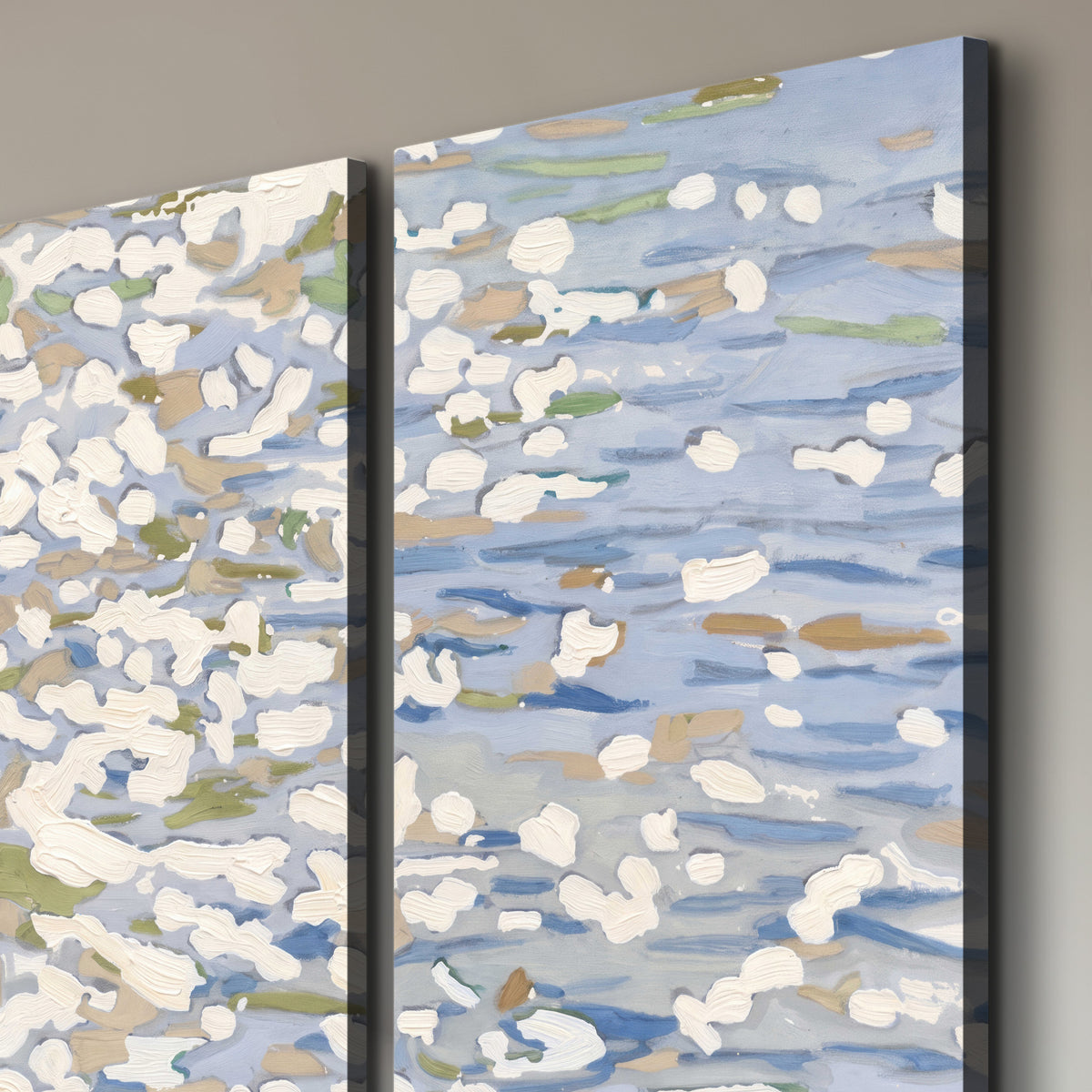 Loose pale blue, white and soft green marks suggesting shimmering water 3 piece canvas wall art room and product view