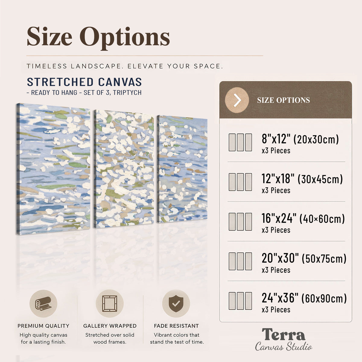 Loose pale blue, white and soft green marks suggesting shimmering water 3 piece canvas wall art available dimensions; triptych dimensions are per panel