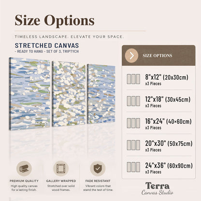Loose pale blue, white and soft green marks suggesting shimmering water 3 piece canvas wall art available dimensions; triptych dimensions are per panel