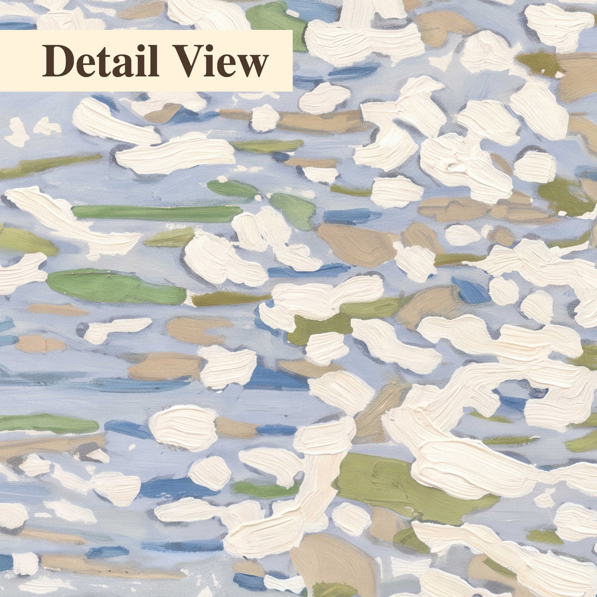 Loose pale blue, white and soft green marks suggesting shimmering water 3 piece canvas wall art artwork detail close up
