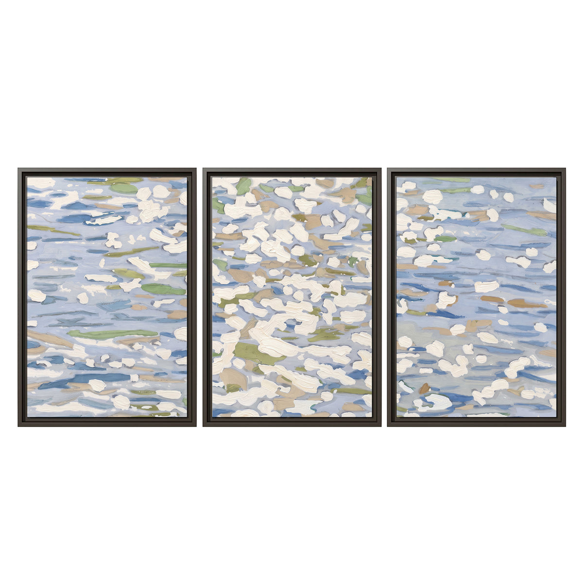 Loose pale blue, white and soft green marks suggesting shimmering water 3 piece framed canvas wall art viewed straight on