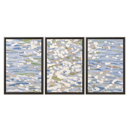 Loose pale blue, white and soft green marks suggesting shimmering water 3 piece framed canvas wall art viewed straight on
