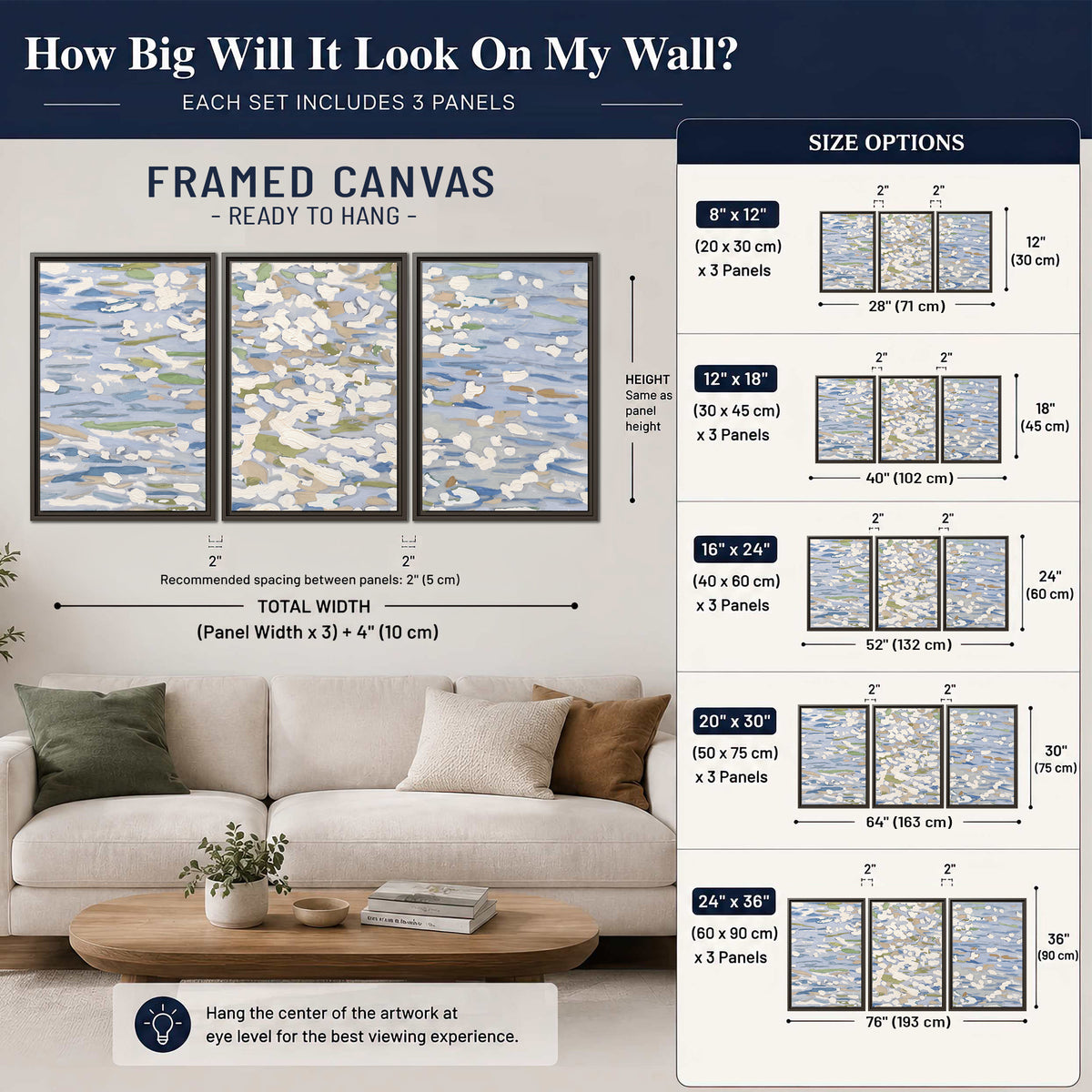 Loose pale blue, white and soft green marks suggesting shimmering water 3 piece framed canvas wall art size guide above a sofa; room view is illustrative