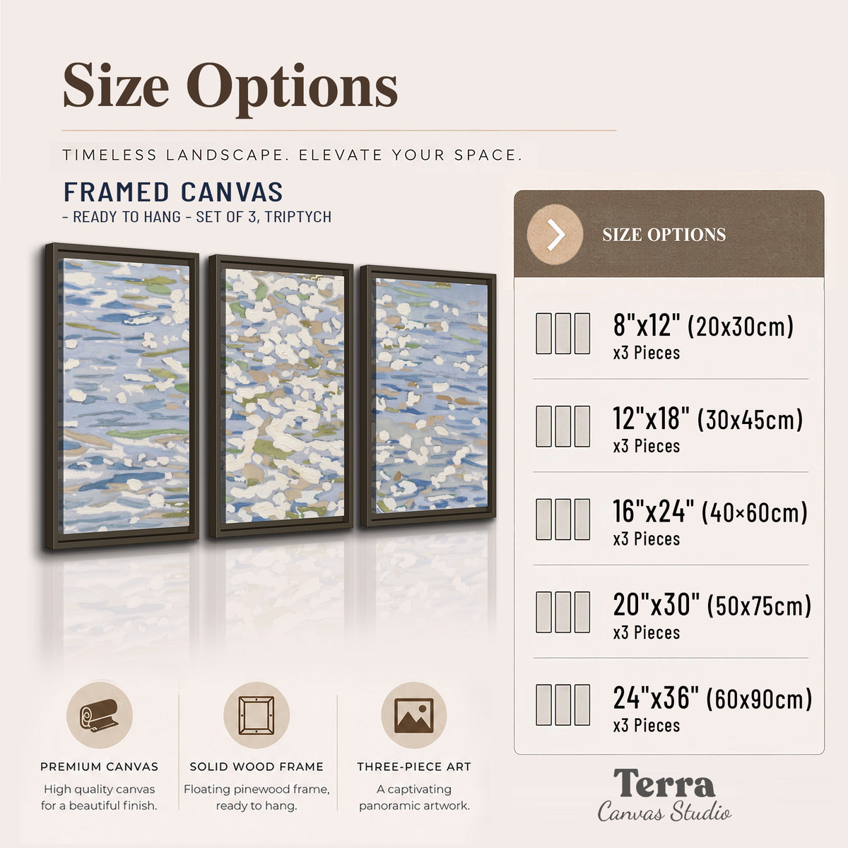 Loose pale blue, white and soft green marks suggesting shimmering water 3 piece framed canvas wall art available dimensions; triptych dimensions are per panel