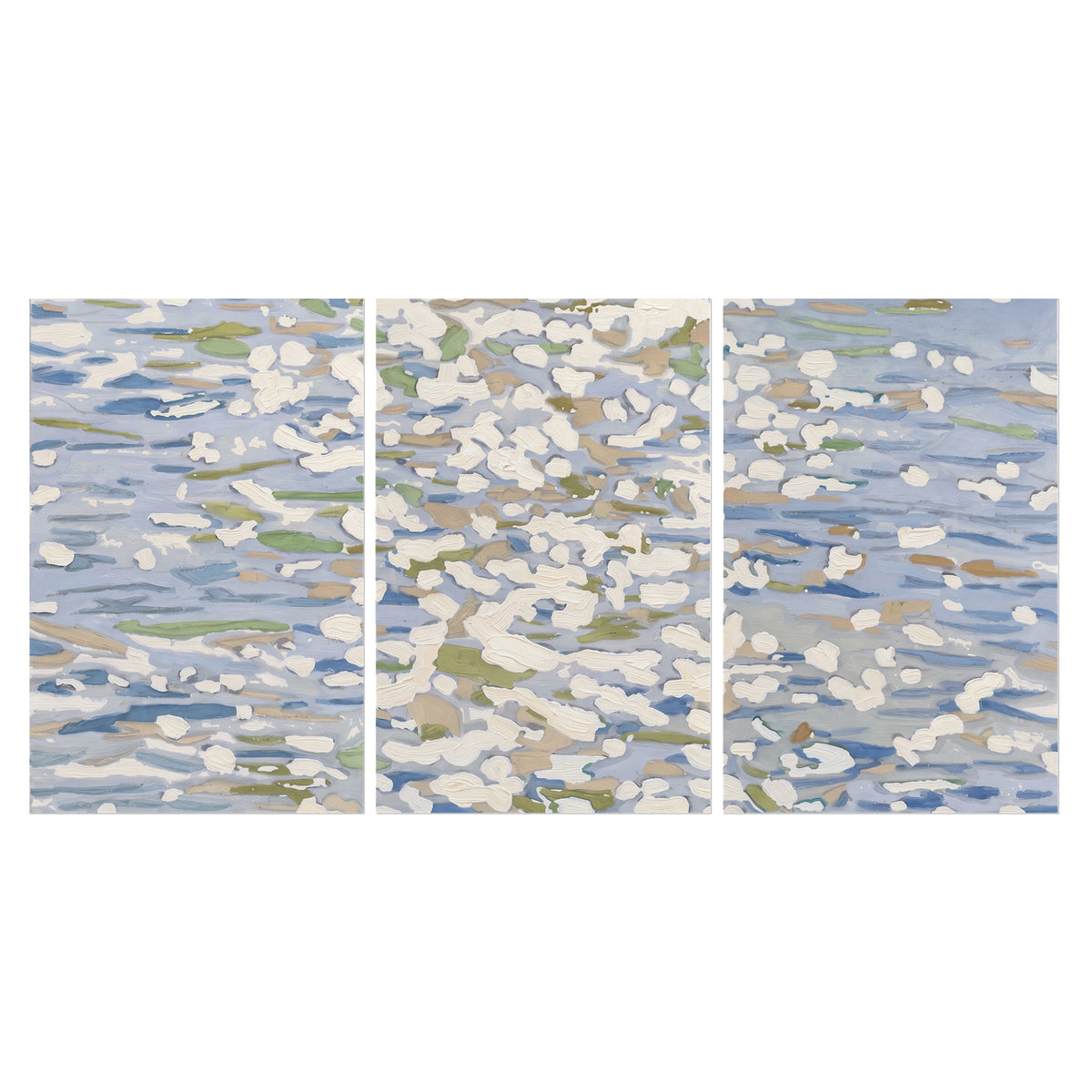 Loose pale blue, white and soft green marks suggesting shimmering water set of 3 poster prints viewed straight on