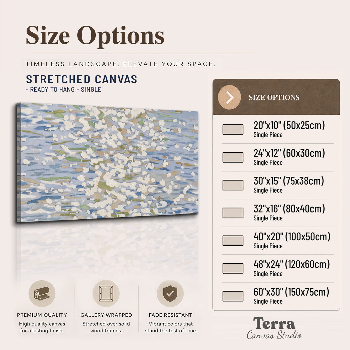 Loose pale blue, white and soft green marks suggesting shimmering water single canvas wall art available dimensions