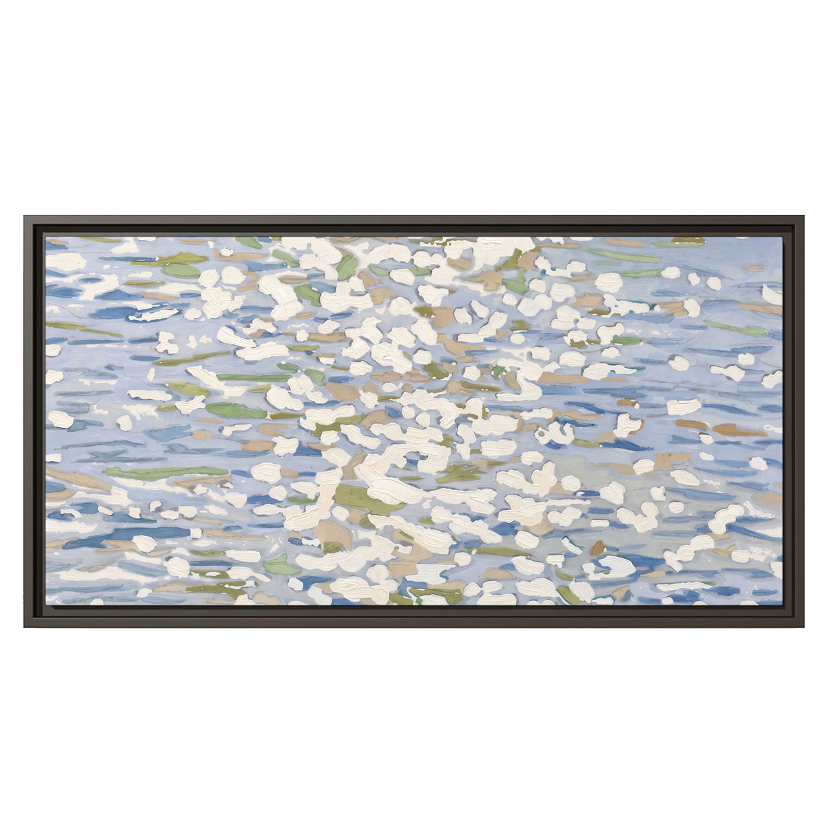 Loose pale blue, white and soft green marks suggesting shimmering water single framed canvas wall art viewed straight on