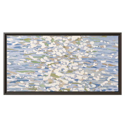 Loose pale blue, white and soft green marks suggesting shimmering water single framed canvas wall art viewed straight on