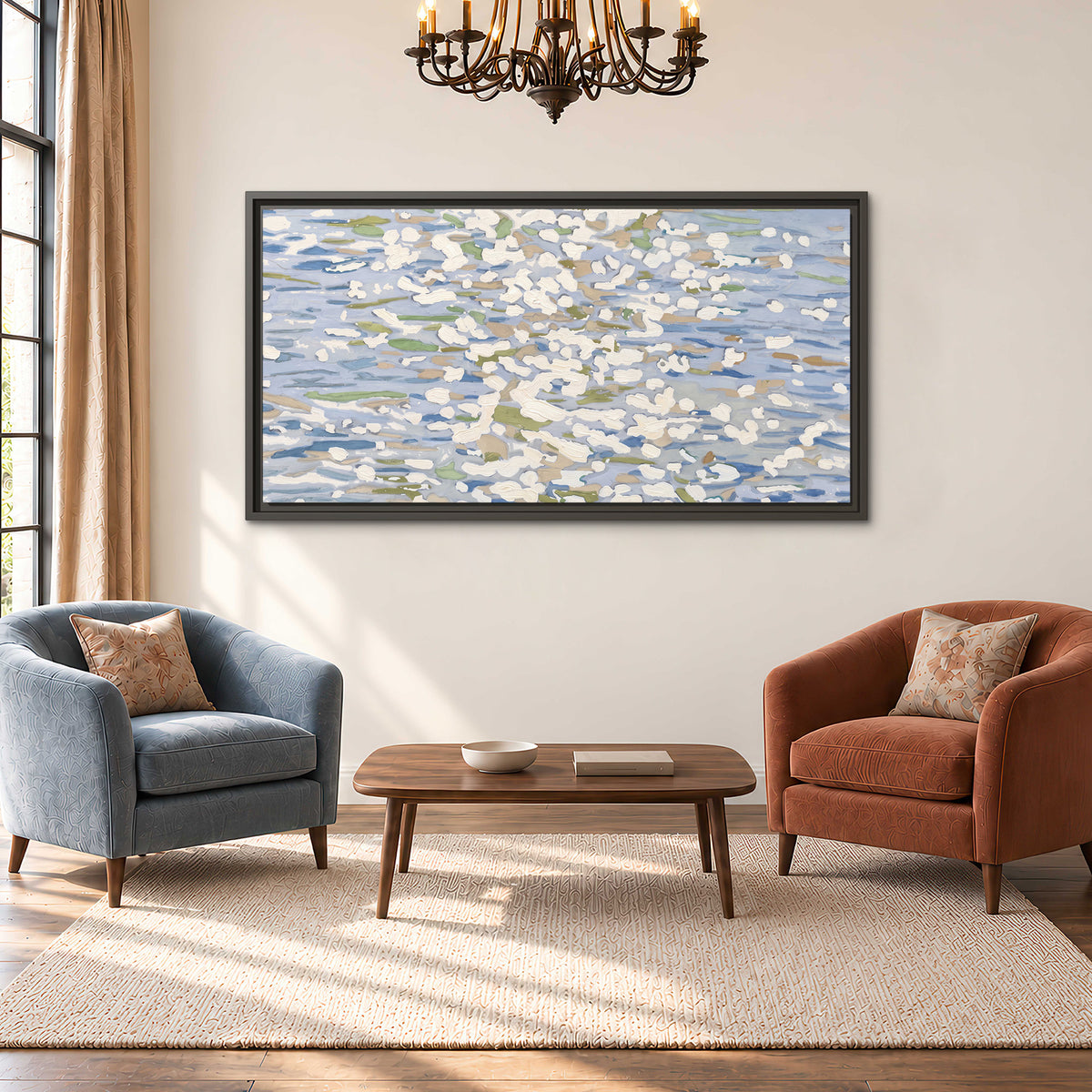 Loose pale blue, white and soft green marks suggesting shimmering water single framed canvas wall art styled in an interior