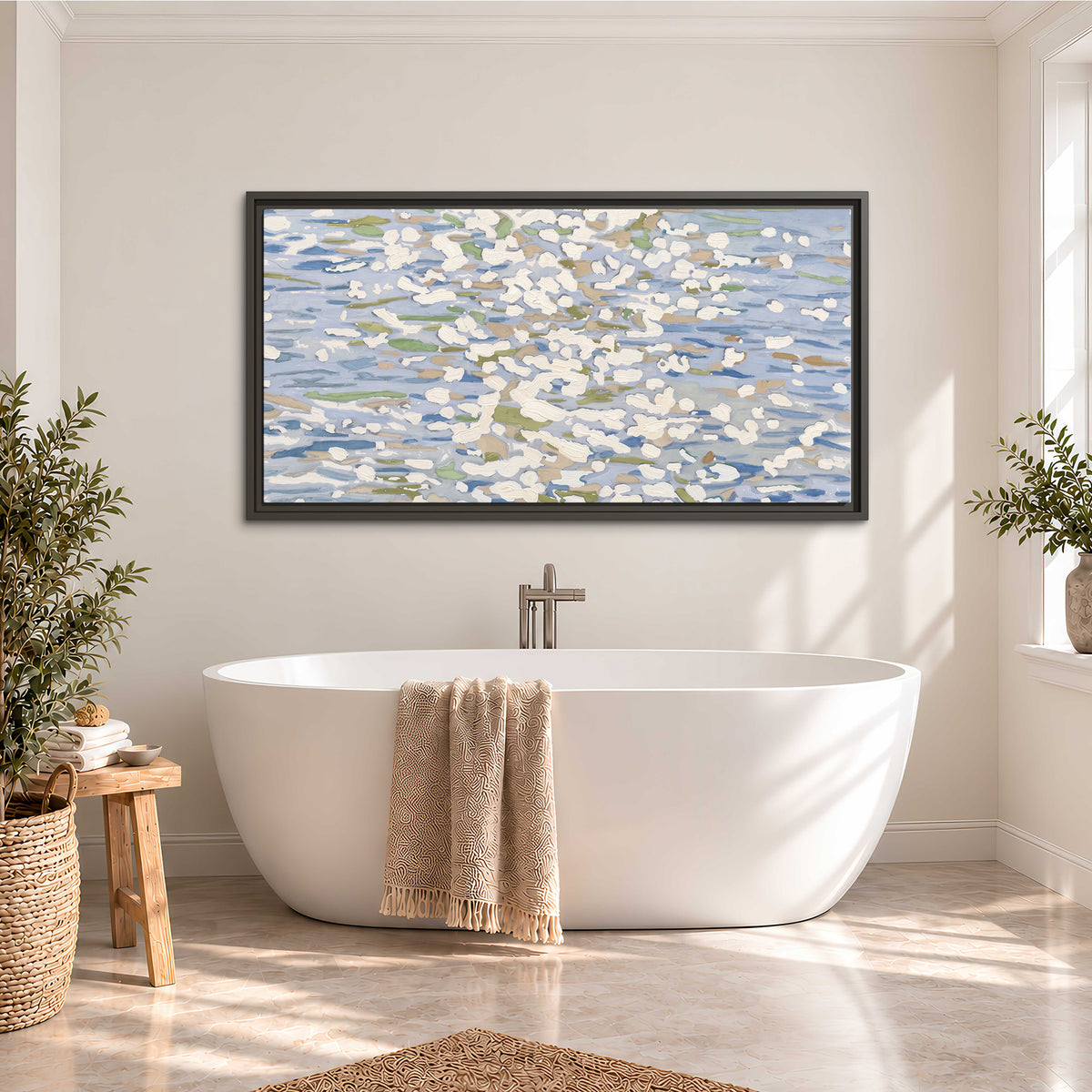 Loose pale blue, white and soft green marks suggesting shimmering water single framed canvas wall art styled in an interior