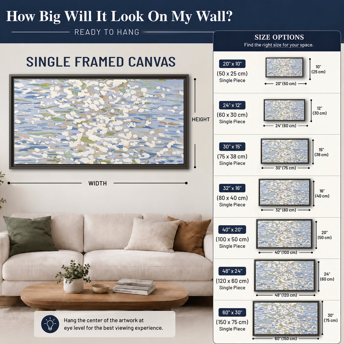 Loose pale blue, white and soft green marks suggesting shimmering water single framed canvas wall art size guide above a sofa; room view is illustrative