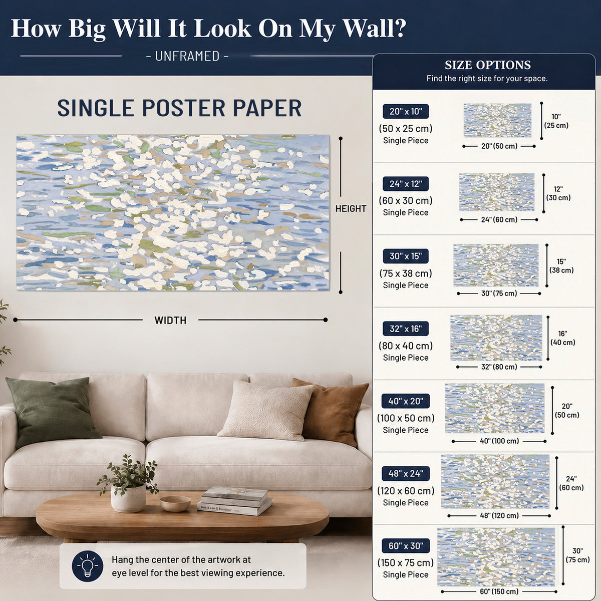 Loose pale blue, white and soft green marks suggesting shimmering water single poster print size guide above a sofa; room view is illustrative