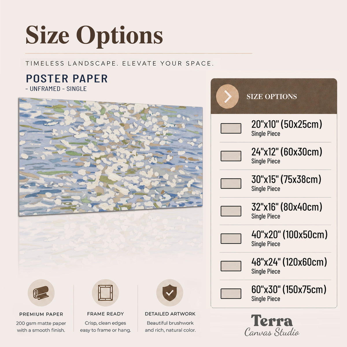 Loose pale blue, white and soft green marks suggesting shimmering water single poster print available dimensions