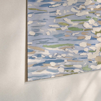 Loose pale blue, white and soft green marks suggesting shimmering water set of 3 poster prints material and edge close up