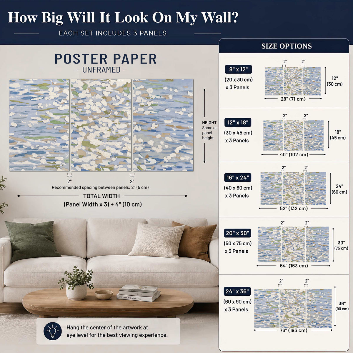 Loose pale blue, white and soft green marks suggesting shimmering water set of 3 poster prints size guide above a sofa; room view is illustrative