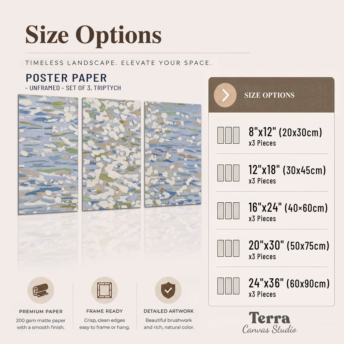 Loose pale blue, white and soft green marks suggesting shimmering water set of 3 poster prints available dimensions; triptych dimensions are per panel