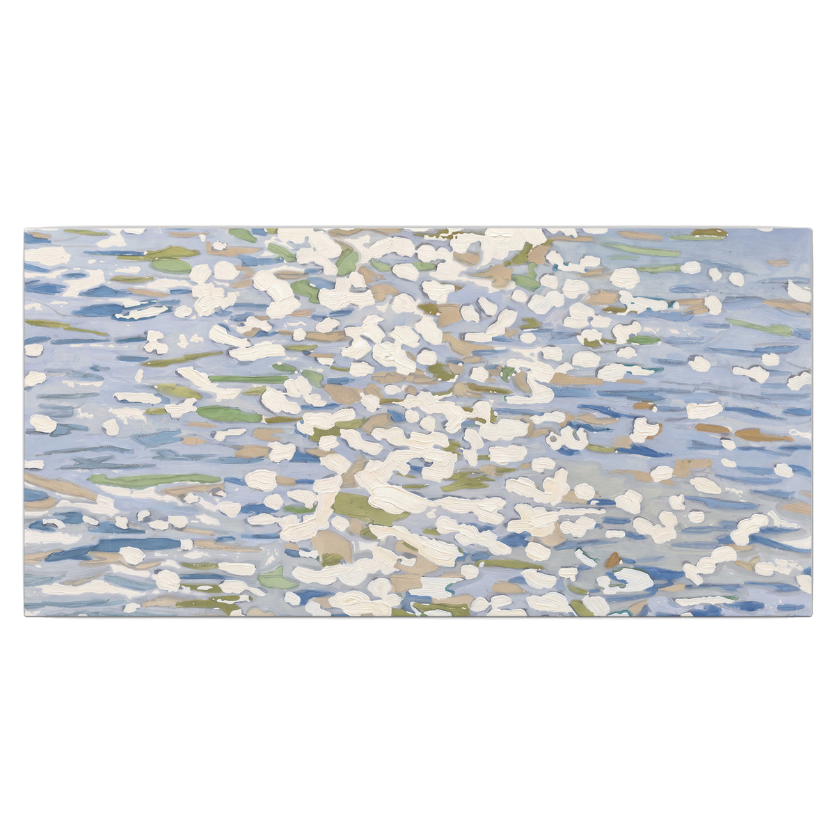 Loose pale blue, white and soft green marks suggesting shimmering water single canvas wall art viewed straight on