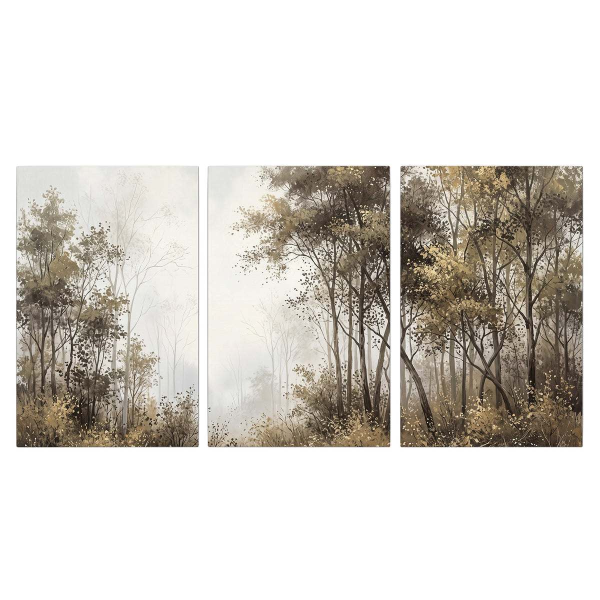 Tall autumn trees framing a pale misty woodland clearing 3 piece canvas wall art viewed straight on