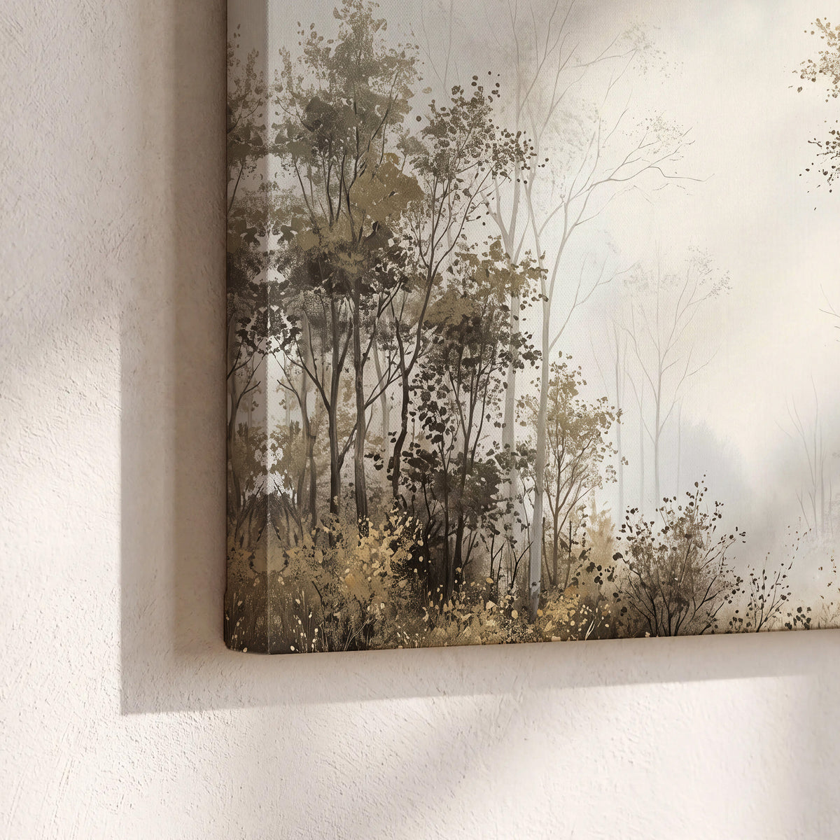 Tall autumn trees framing a pale misty woodland clearing 3 piece canvas wall art material and edge close up