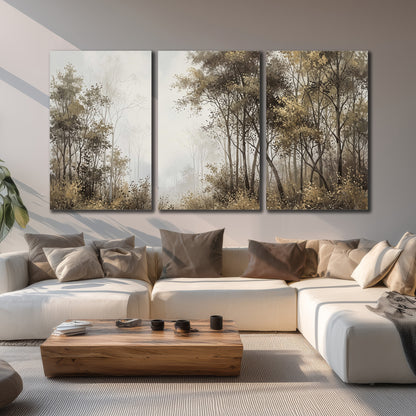 Tall autumn trees framing a pale misty woodland clearing 3 piece canvas wall art displayed in a living room
