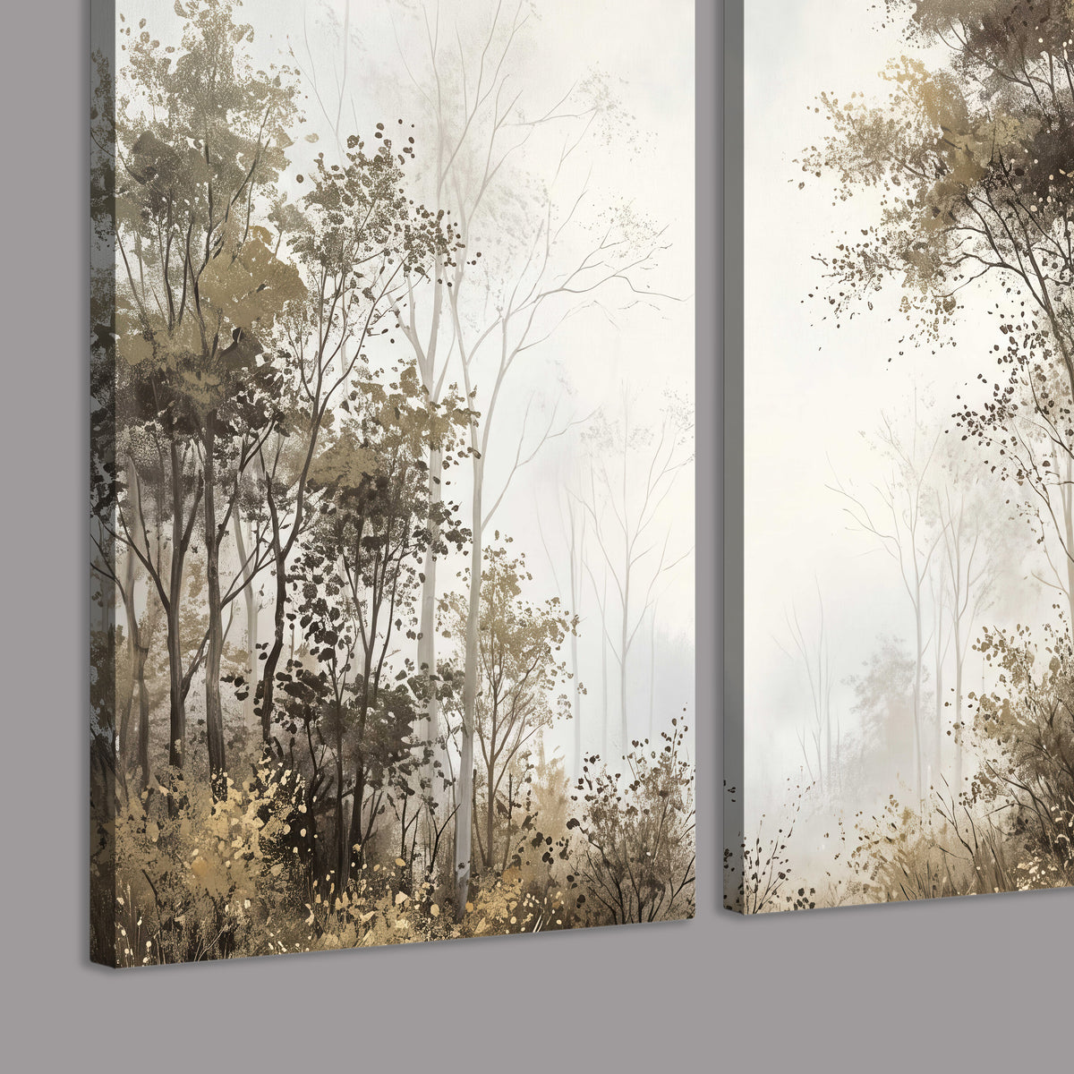 Tall autumn trees framing a pale misty woodland clearing 3 piece canvas wall art room and product view