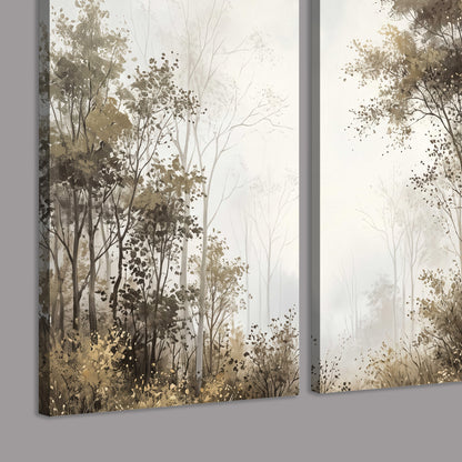 Tall autumn trees framing a pale misty woodland clearing 3 piece canvas wall art room and product view