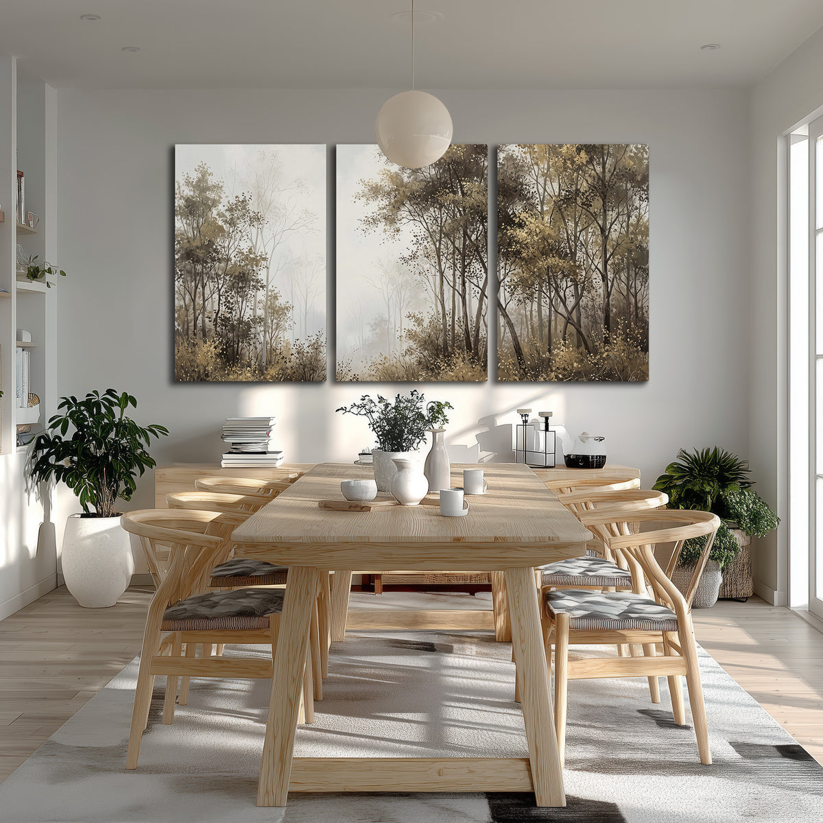 Tall autumn trees framing a pale misty woodland clearing 3 piece canvas wall art room and product view
