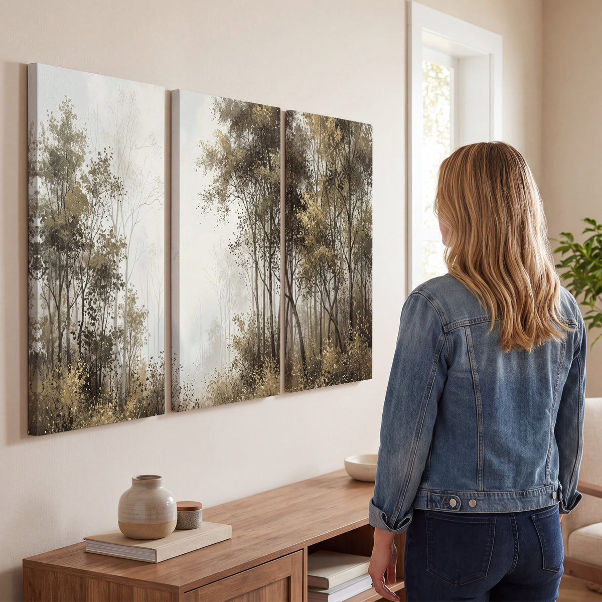 Tall autumn trees framing a pale misty woodland clearing 3 piece canvas wall art three panel arrangement on a wall