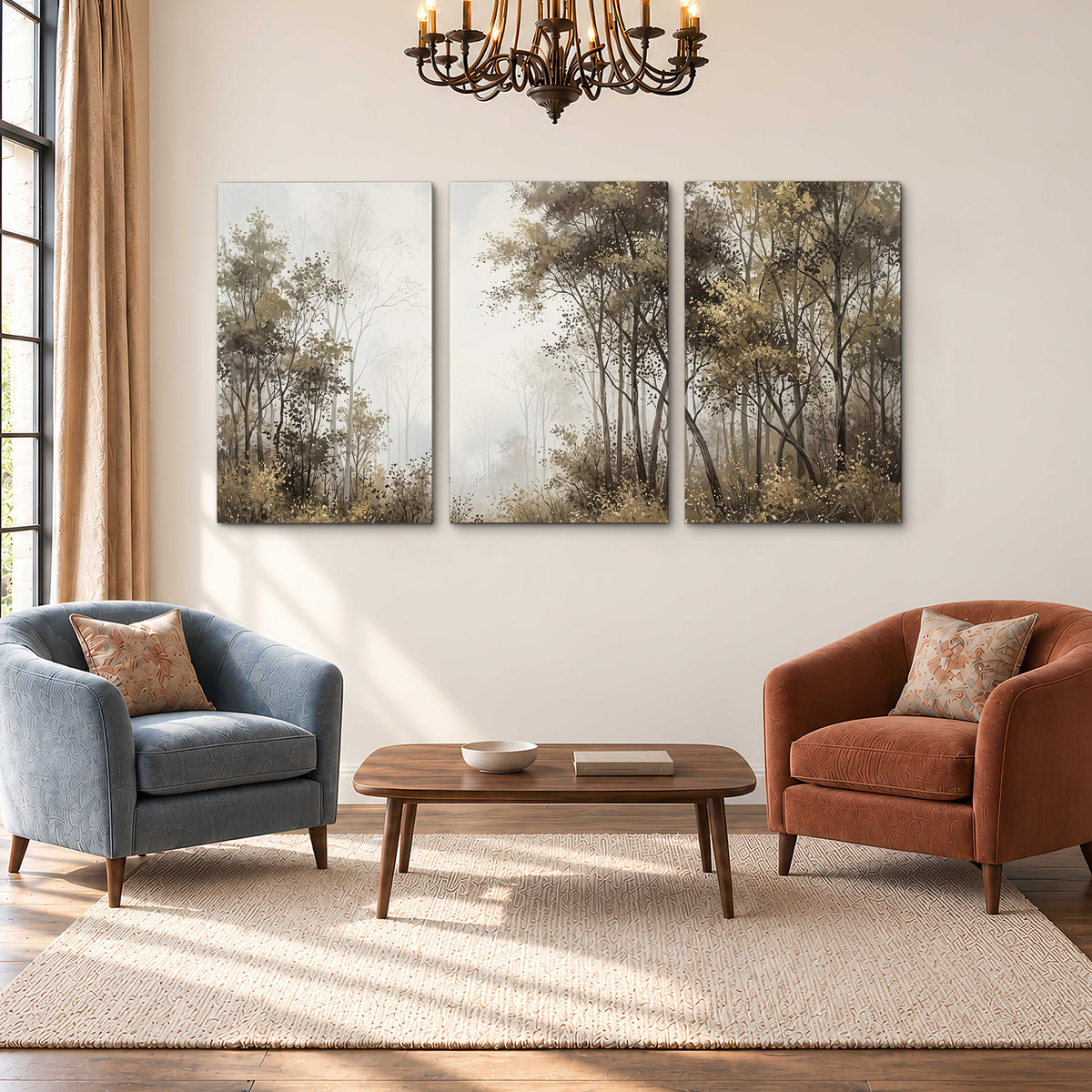 Tall autumn trees framing a pale misty woodland clearing 3 piece canvas wall art styled in an interior