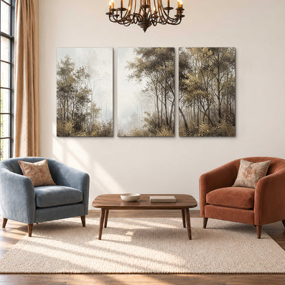 Tall autumn trees framing a pale misty woodland clearing 3 piece canvas wall art styled in an interior