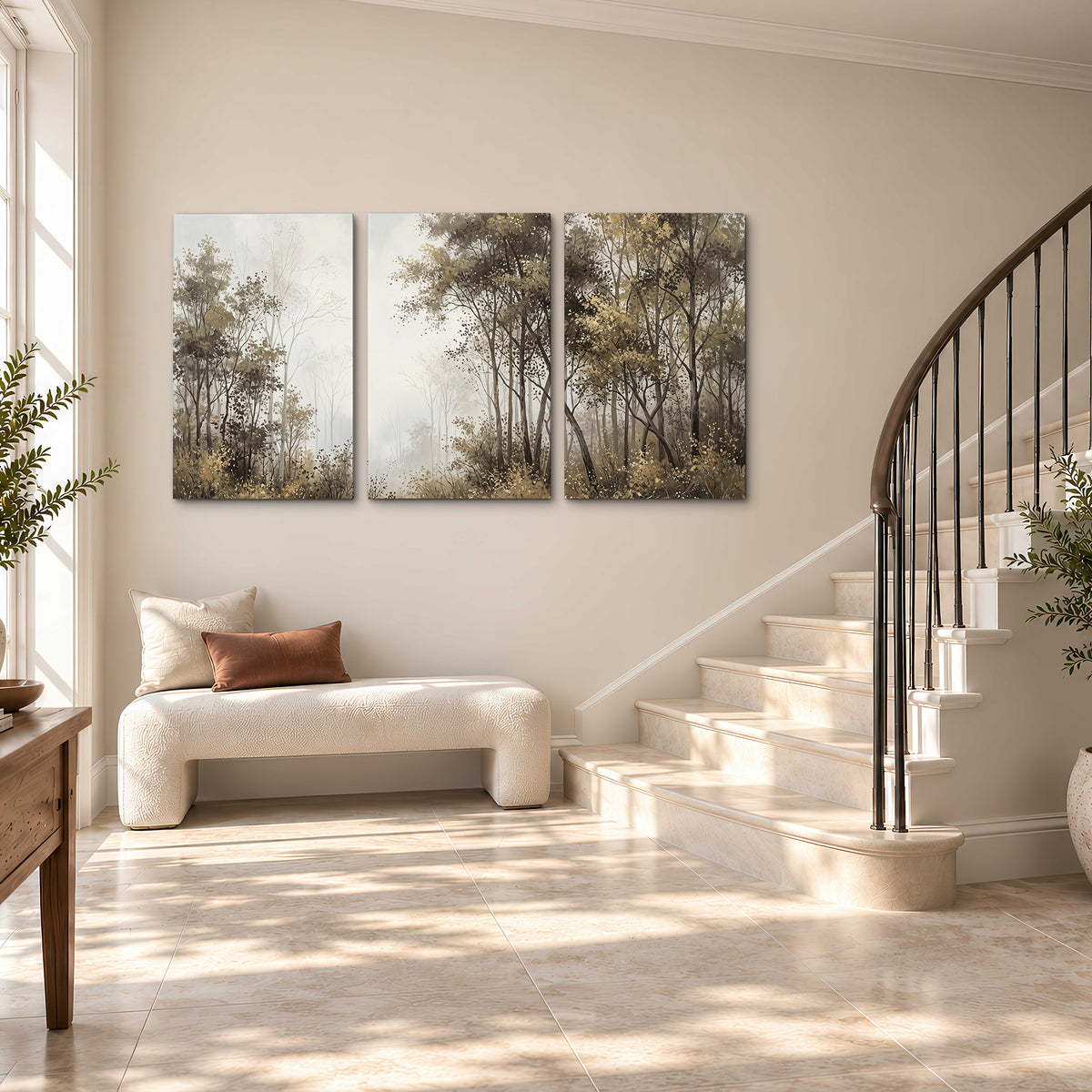 Tall autumn trees framing a pale misty woodland clearing 3 piece canvas wall art styled in an interior
