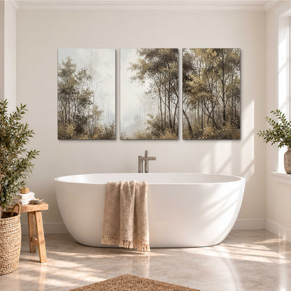 Tall autumn trees framing a pale misty woodland clearing 3 piece canvas wall art styled in an interior