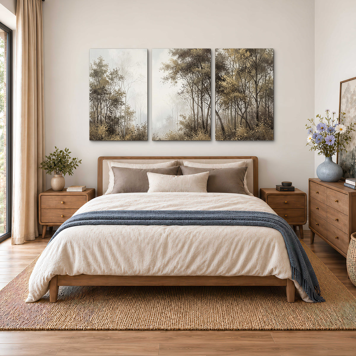 Tall autumn trees framing a pale misty woodland clearing 3 piece canvas wall art styled in an interior