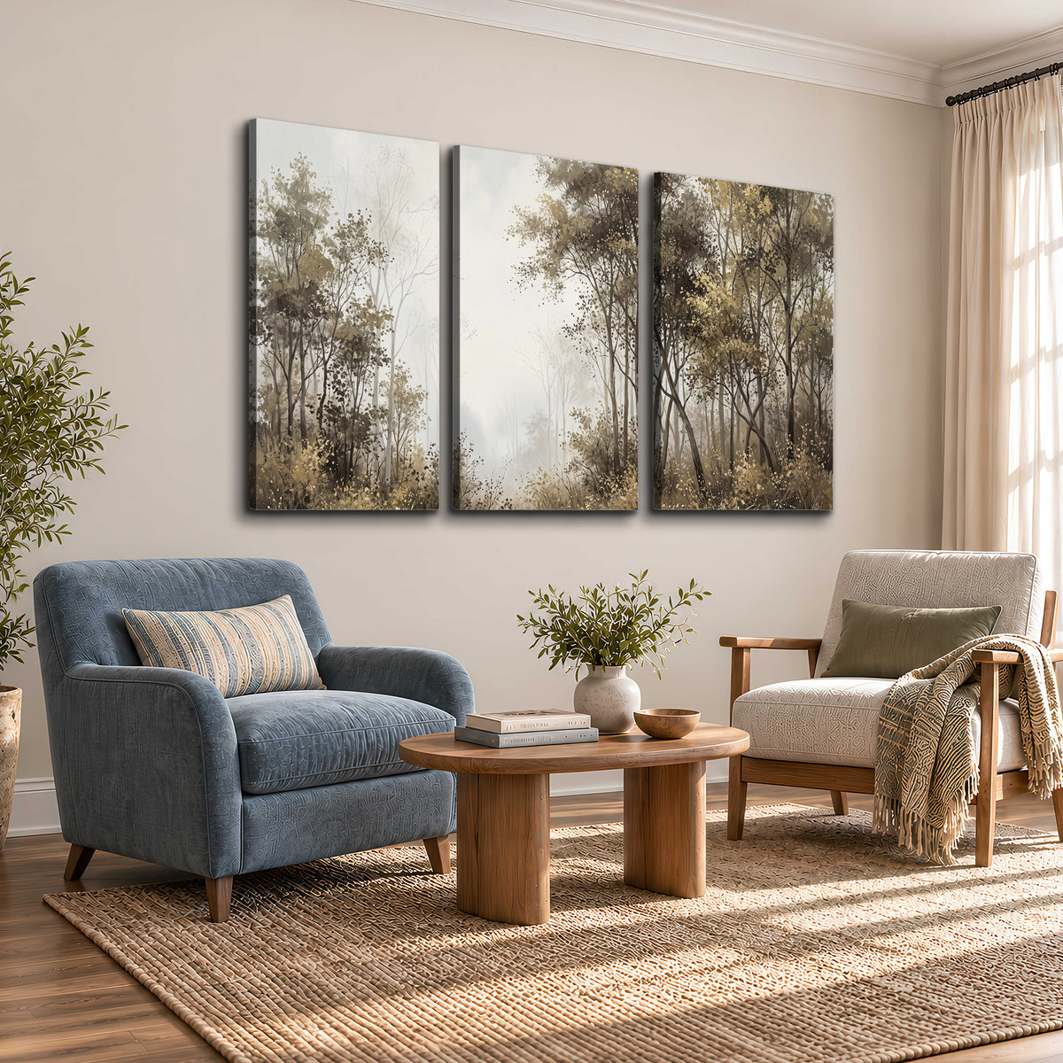 Tall autumn trees framing a pale misty woodland clearing 3 piece canvas wall art styled in an interior