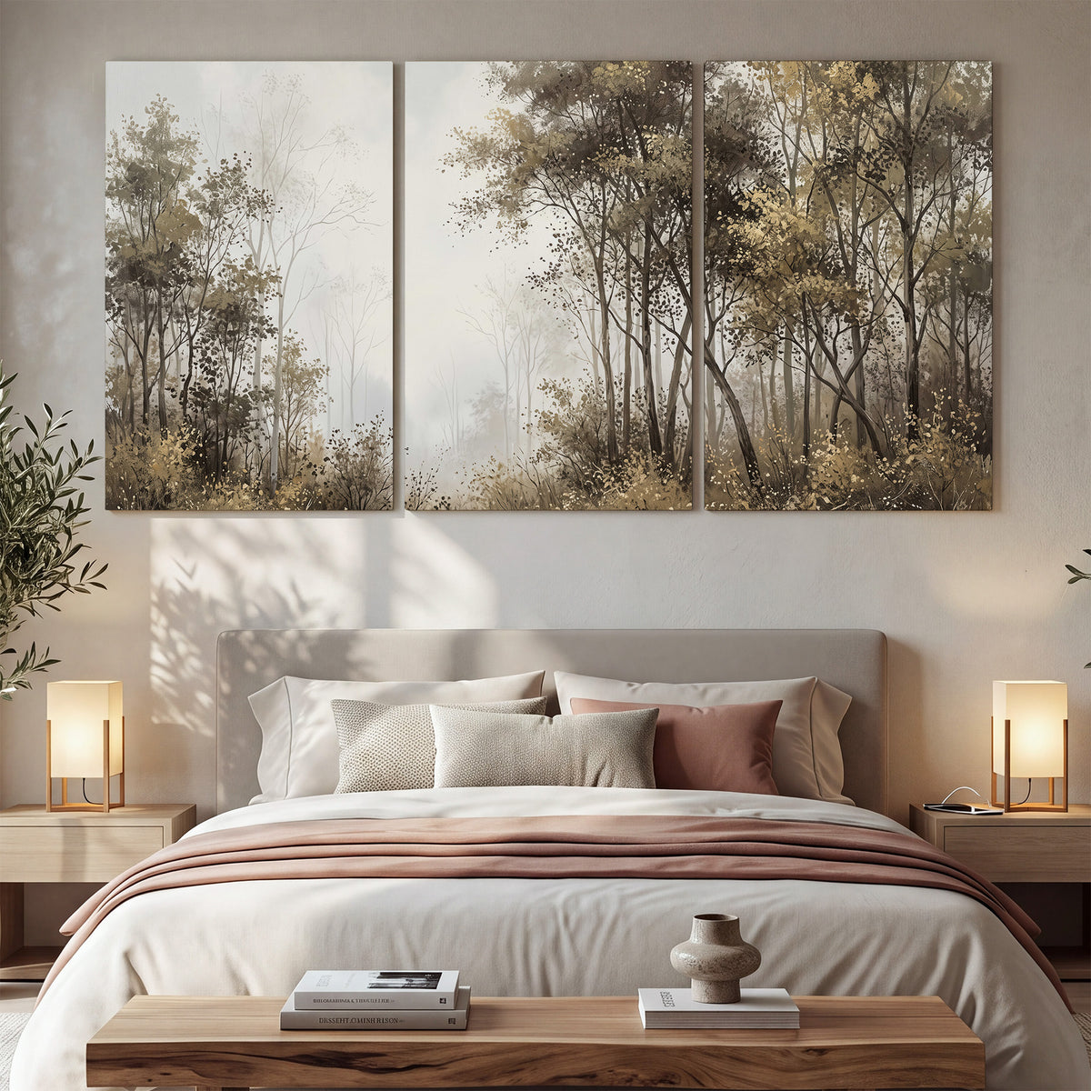 Tall autumn trees framing a pale misty woodland clearing 3 piece canvas wall art displayed in a bedroom
