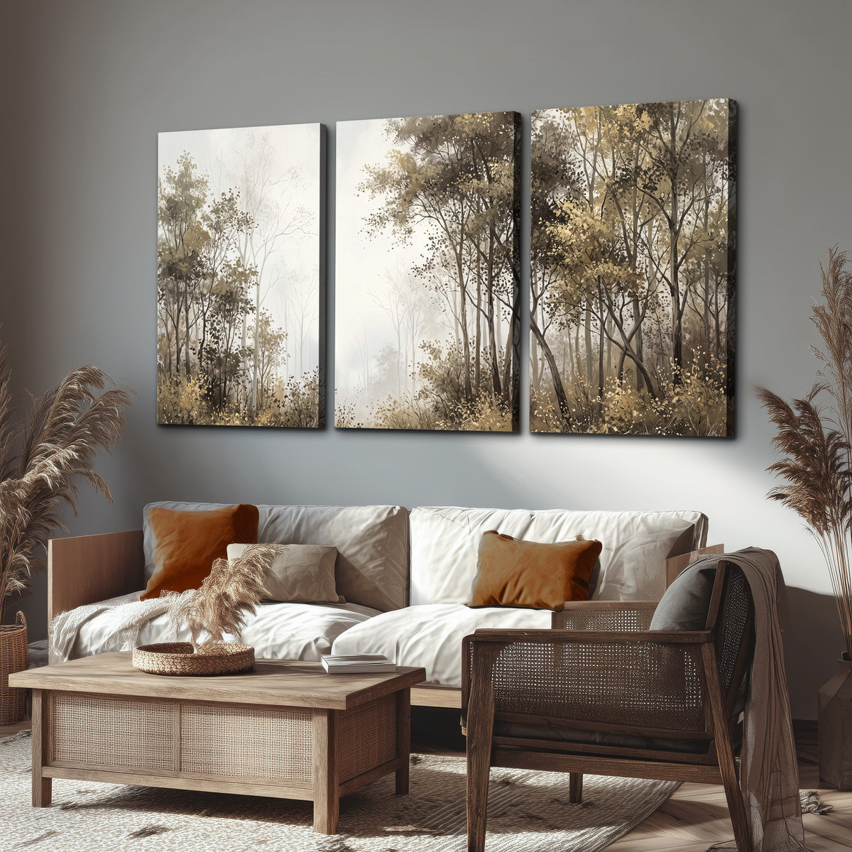 Tall autumn trees framing a pale misty woodland clearing 3 piece canvas wall art displayed in a rustic living room