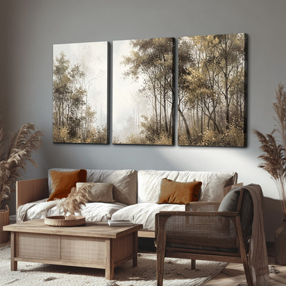 Tall autumn trees framing a pale misty woodland clearing 3 piece canvas wall art displayed in a rustic living room