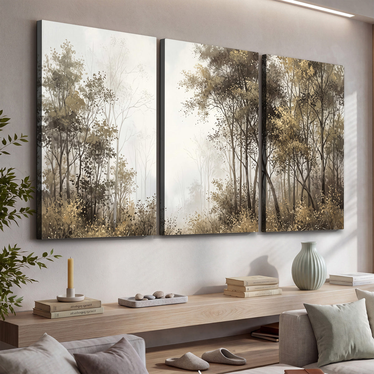 Tall autumn trees framing a pale misty woodland clearing 3 piece canvas wall art displayed in a console