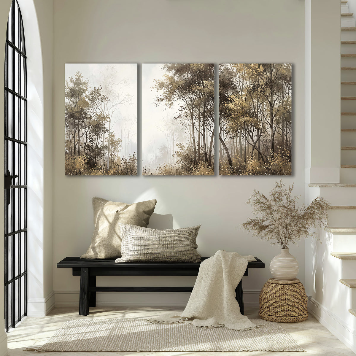 Tall autumn trees framing a pale misty woodland clearing 3 piece canvas wall art displayed in a entryway
