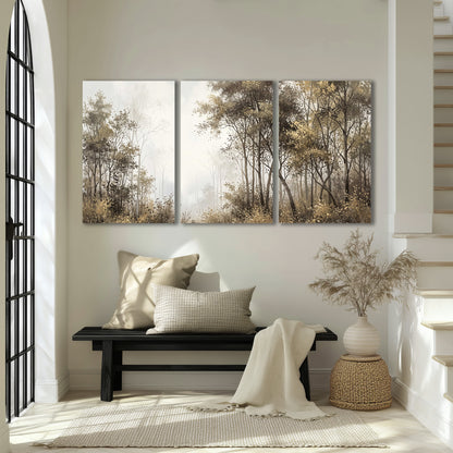 Tall autumn trees framing a pale misty woodland clearing 3 piece canvas wall art displayed in a entryway