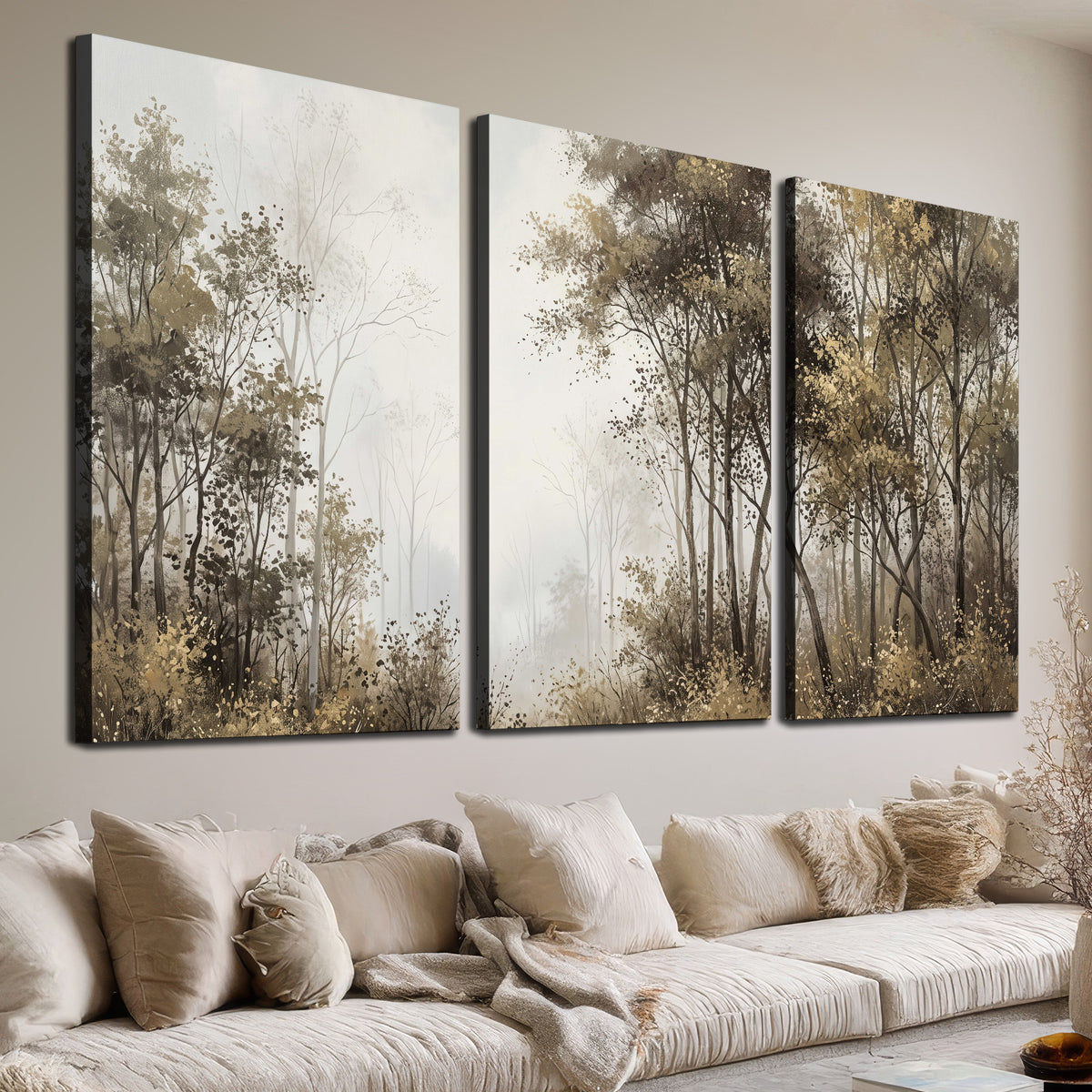 Tall autumn trees framing a pale misty woodland clearing 3 piece canvas wall art room and product view