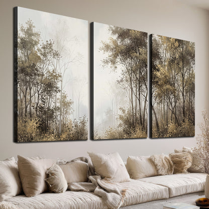 Tall autumn trees framing a pale misty woodland clearing 3 piece canvas wall art room and product view